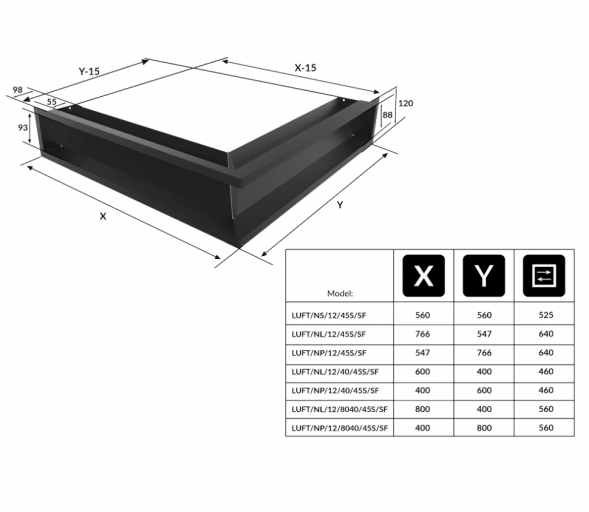 Решётка Kratki Luft 400х800х120 45S угловая левая черная